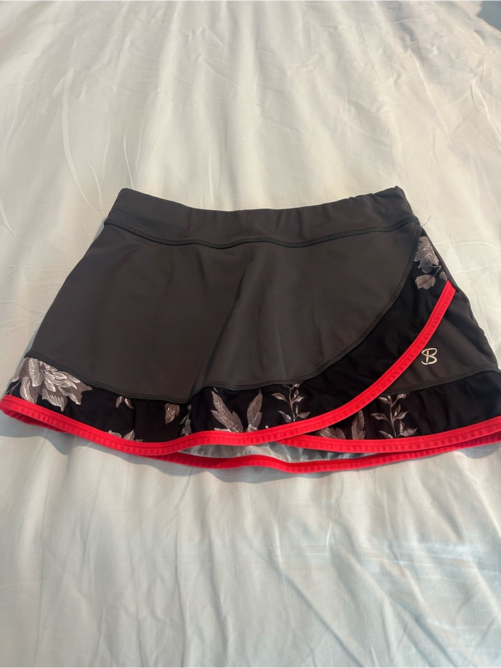 Dark Grey and Black Floral Athletic Skirt with Red Trim
